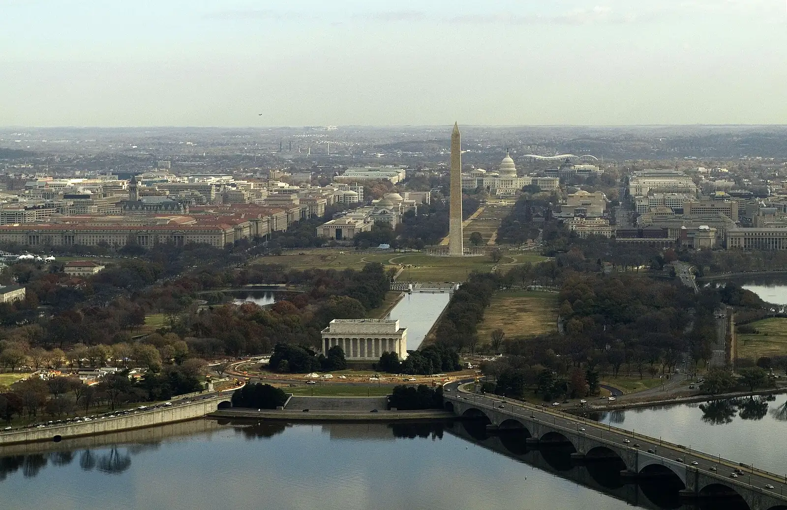 Historic aerial view of the National Mall, with the Lincoln Memorial, Washington Monument and US Capitol.